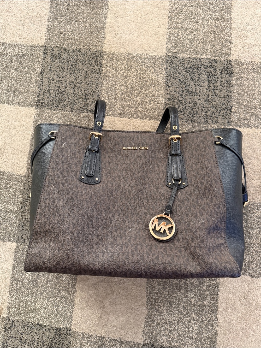 Michael Kors Brown and Black Signature Tote with MK Charm